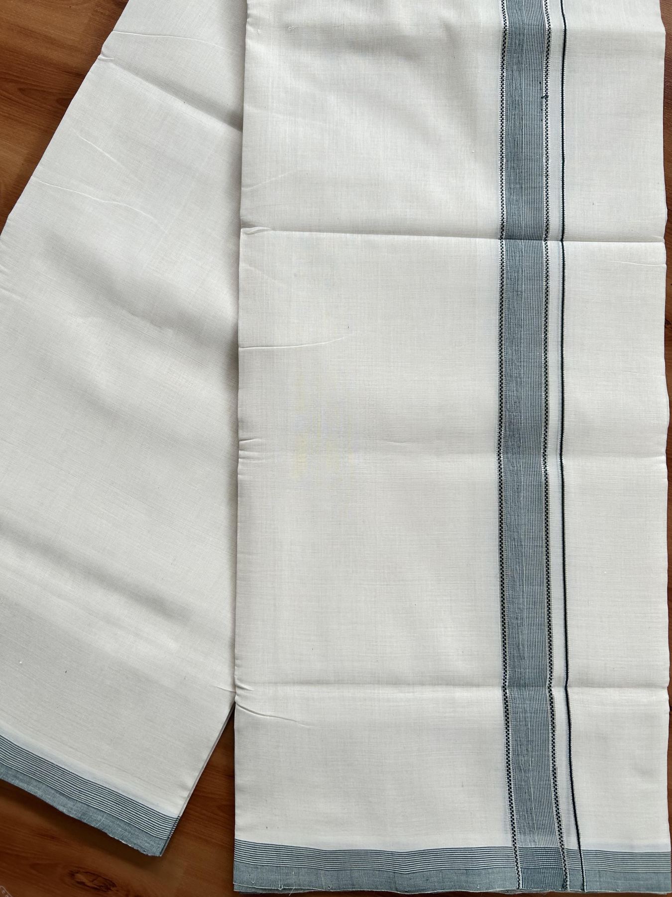 Double Off White (Unbleached) Mundu/Dhoti - 25% Discount! KaithariKada Handloom Unakkupaav Kerala Handloom - Pure Cotton - 80x90 - 1.25 Inch Silver Kasav & Green Striped Kara 4 Mtr (8.5 Muzham) - 24 KK5438 YAR