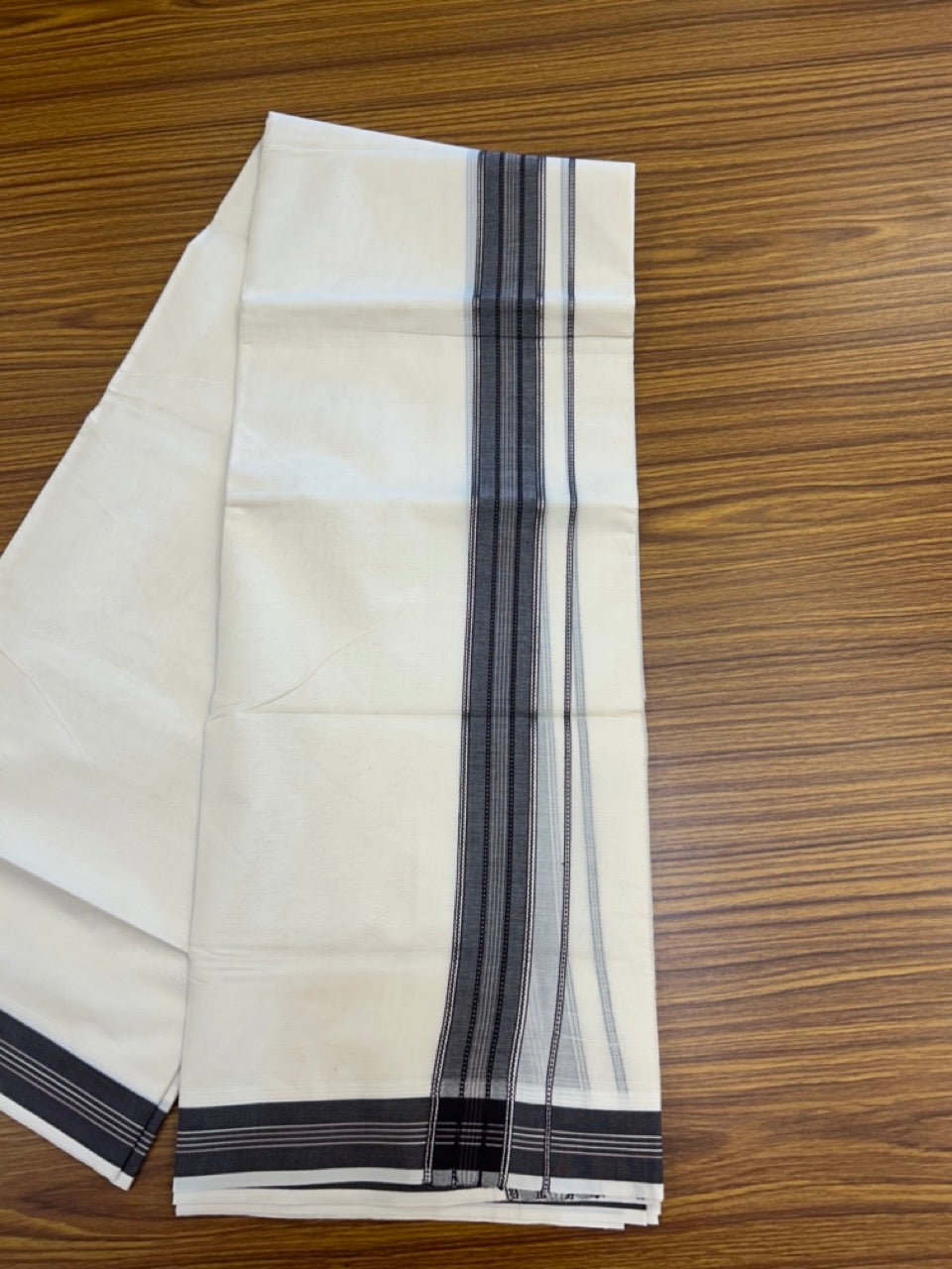 20% Discount ! Kaitharikada Balaramapuram 100% Cotton Off White Double Mundu/Dothi - 100x80- 1.75 Inch Silver Kasav Brown & Pink Striped Kara - 4mtr (8.5muzham)- 1 KK5292 CKS
