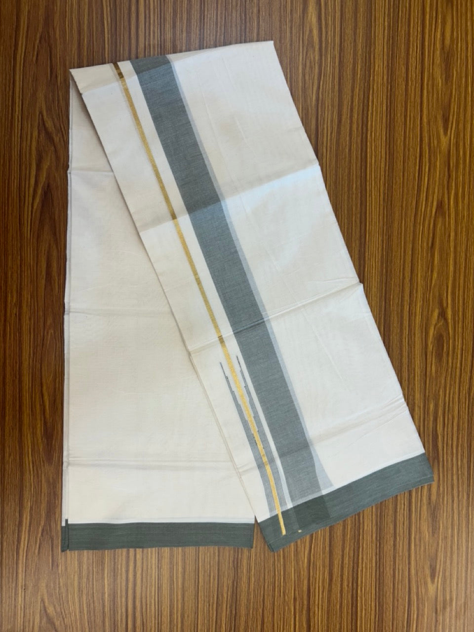 20% Discount ! Kaitharikada Balaramapuram 100% Pure Cotton Double Off white (Unbleached) Mundu/Dhoti - 100x80 - 1.75 inch Gold Kasav & Light Sage Green Stripes Chutty Kara - 3 KK5292 PMC