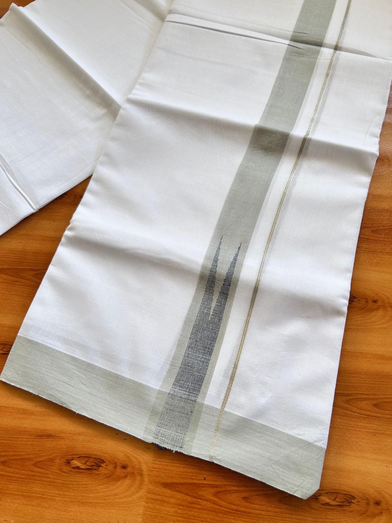 Double Pure White Mundu/Dhoti - 20% Discount !! KaithariKada Balaramapuram 100% Cotton - 100x80 - 1.5 inch Sage Green & Dark Blue Silver Chutty Kara 3.80 mtr (8 muzham) - 4 KK5499 CKS
