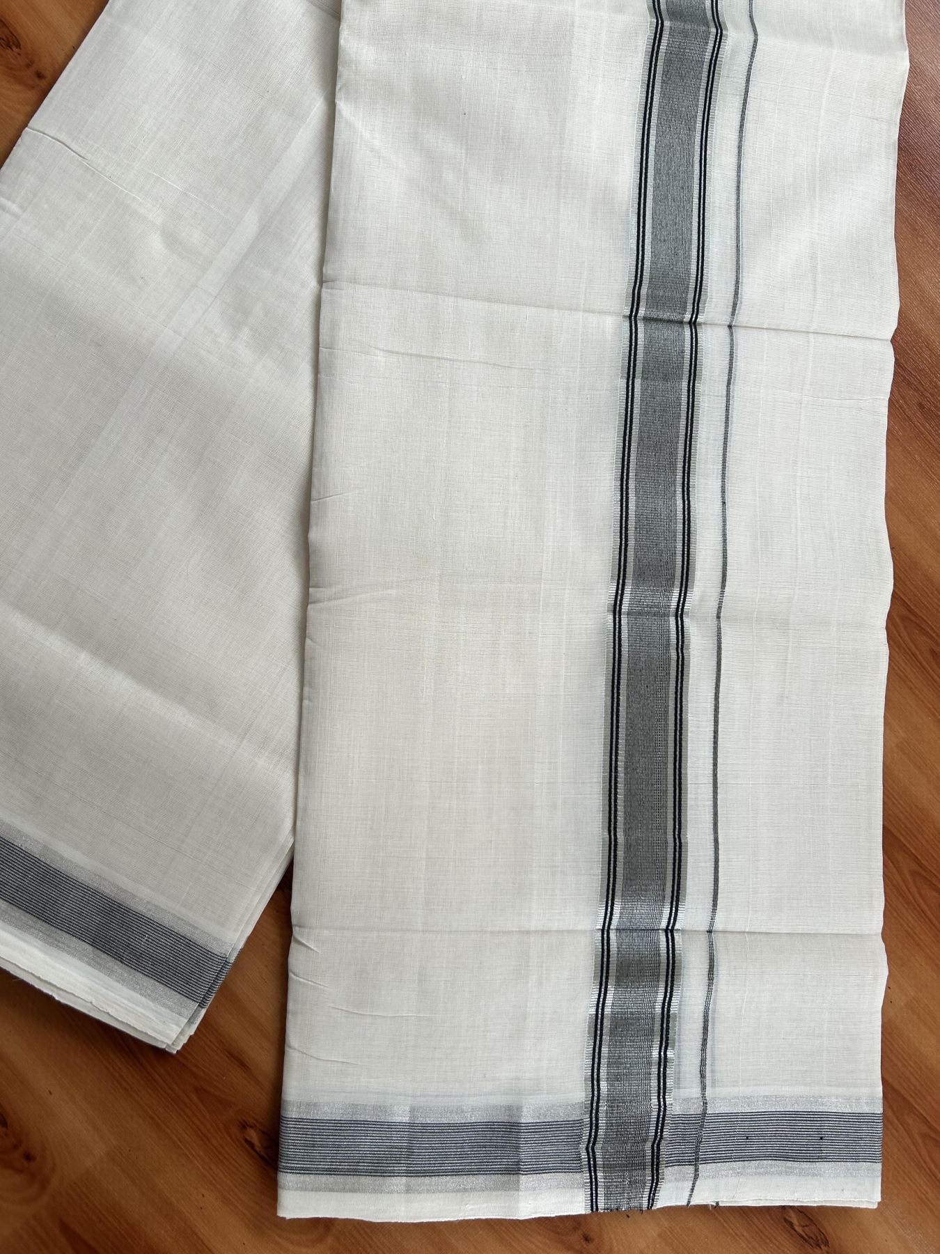 Double Off White (Unbleached) Mundu/Dhoti - 25% Discount! KaithariKada Handloom Unakkupaav Kerala Handloom - Pure Cotton - 80x90 - 1.25 Inch Silver Kasav & Black Striped Kara 4 Mtr (8.5 Muzham) - 10 KK5438 YAR