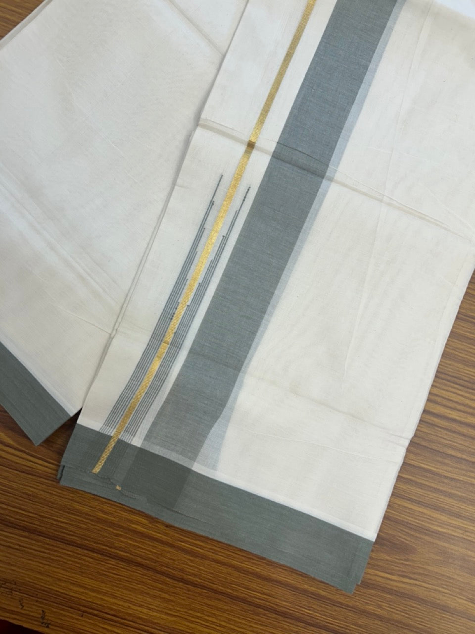20% Discount ! Kaitharikada Balaramapuram 100% Pure Cotton Double Off white (Unbleached) Mundu/Dhoti - 100x80 - 1.75 inch Gold Kasav & Light Sage Green Stripes Chutty Kara - 3 KK5292 PMC