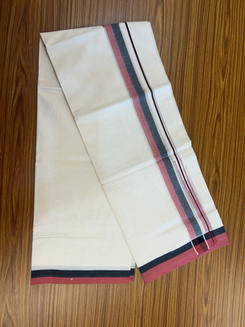 20% Discount ! Kaitharikada Balaramapuram 100% Pure Cotton Double Off white (Unbleached) Mundu/Dhoti - 100x80 - 1.5 inch Silver Kasav Black & Maroon Stripes Chutty Kara - 4 KK5292 PMC