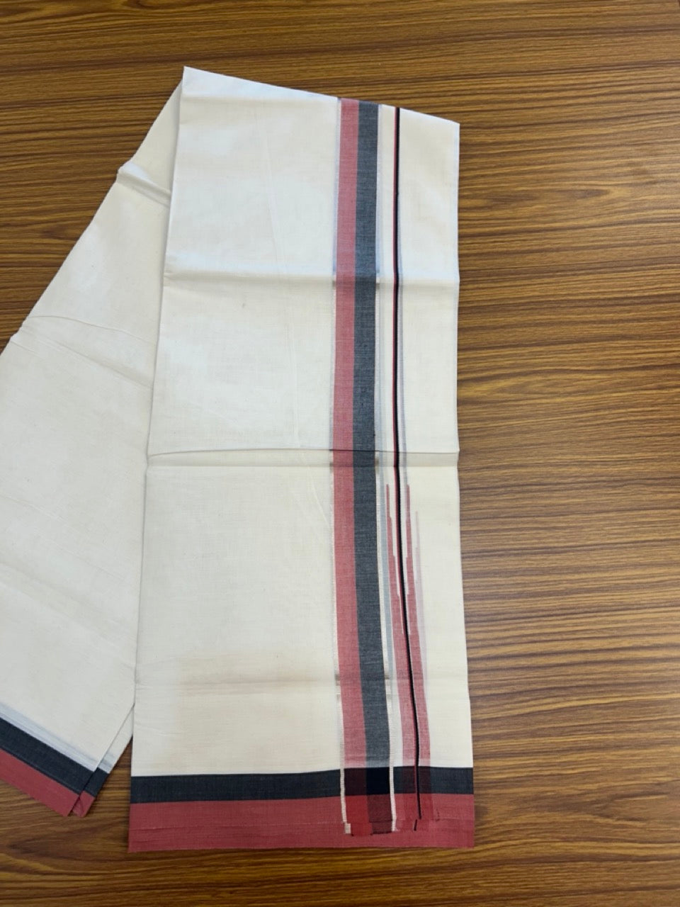 20% Discount ! Kaitharikada Balaramapuram 100% Pure Cotton Double Off white (Unbleached) Mundu/Dhoti - 100x80 - 1.5 inch Silver Kasav Black & Maroon Stripes Chutty Kara - 4 KK5292 PMC