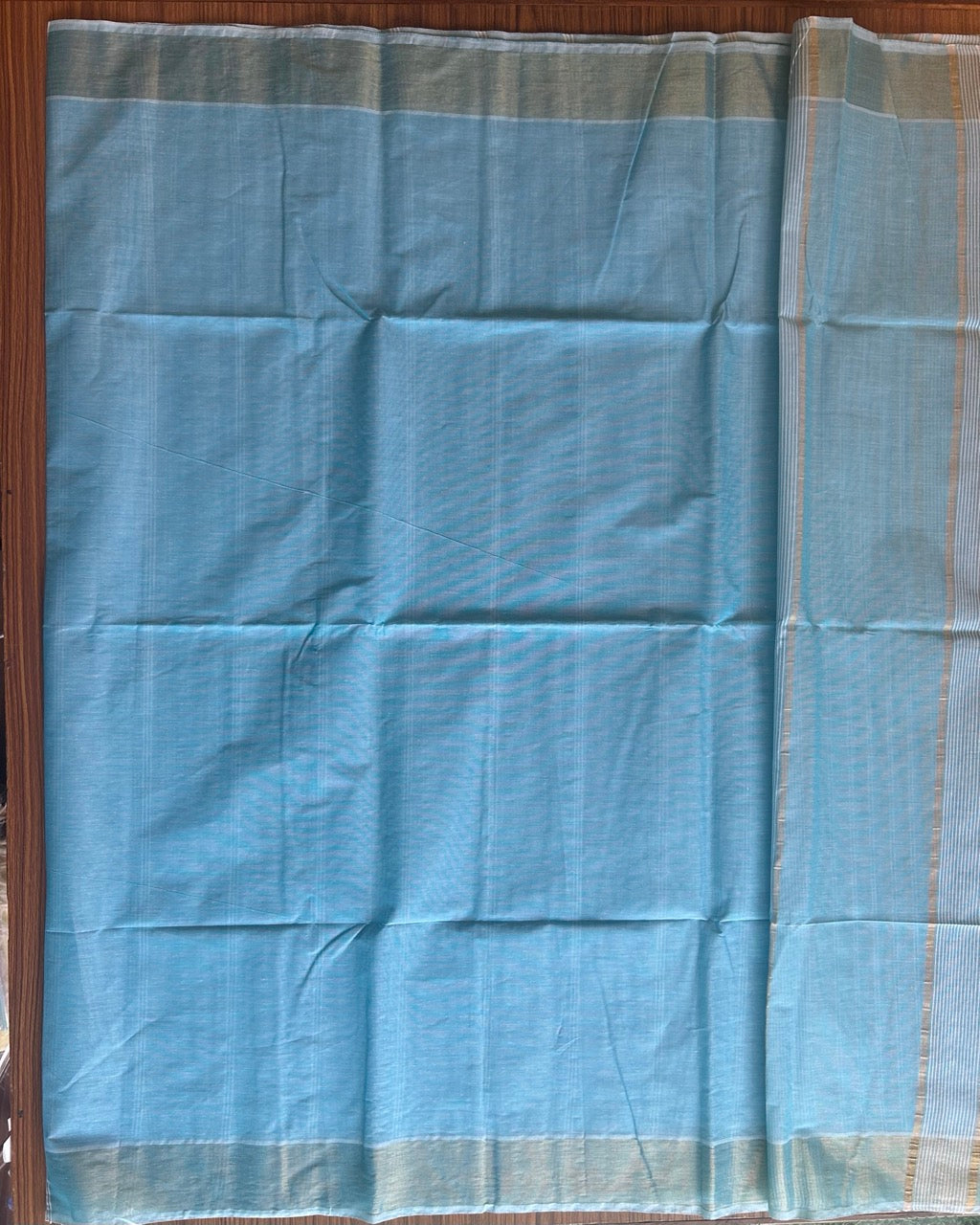 28% Discount! Kerala Colour Cotton Saree - Sky blue with kasavu & white stripes - Kaitharikada - 1KK1000PAN