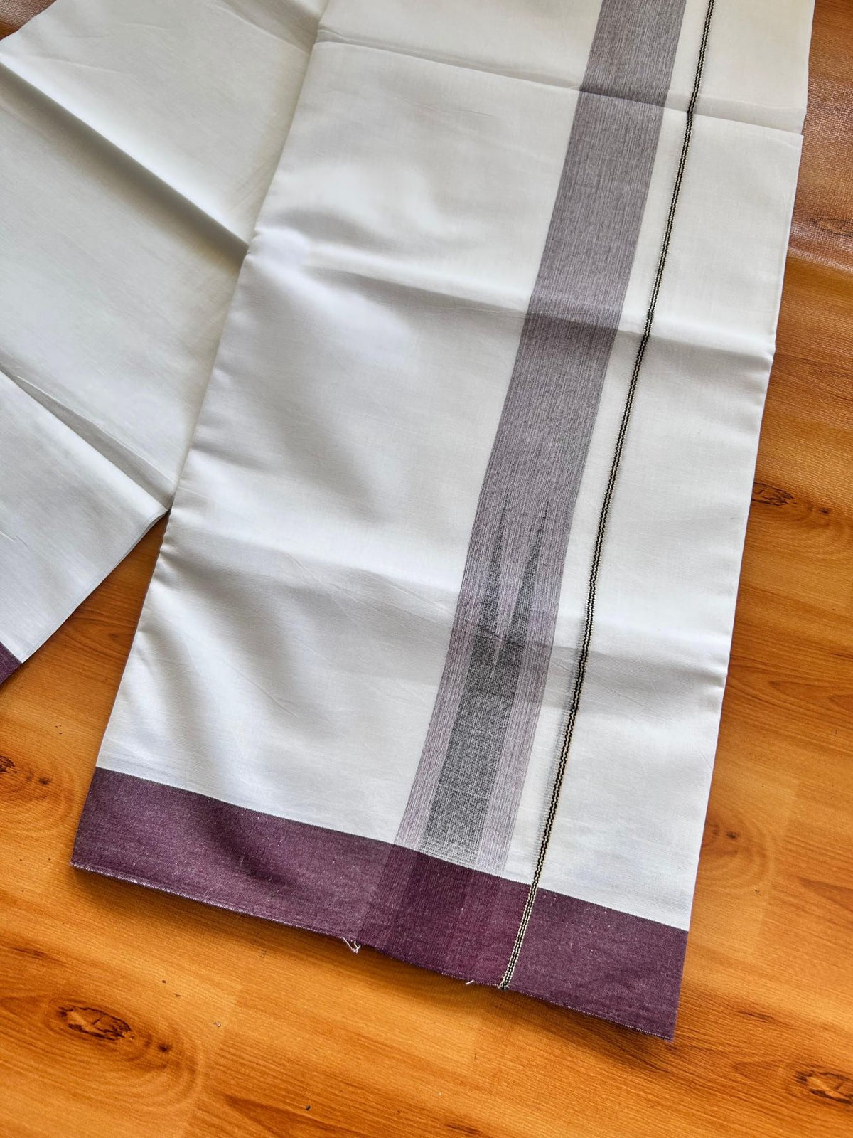 Double Pure White Mundu/Dhoti - 20% Discount !! KaithariKada Balaramapuram 100% Cotton - 100x80 - 1.5 inch Wine Purple & Black Silver Chutty Kara 3.80 mtr (8 muzham) - 4 KK5501 VAS