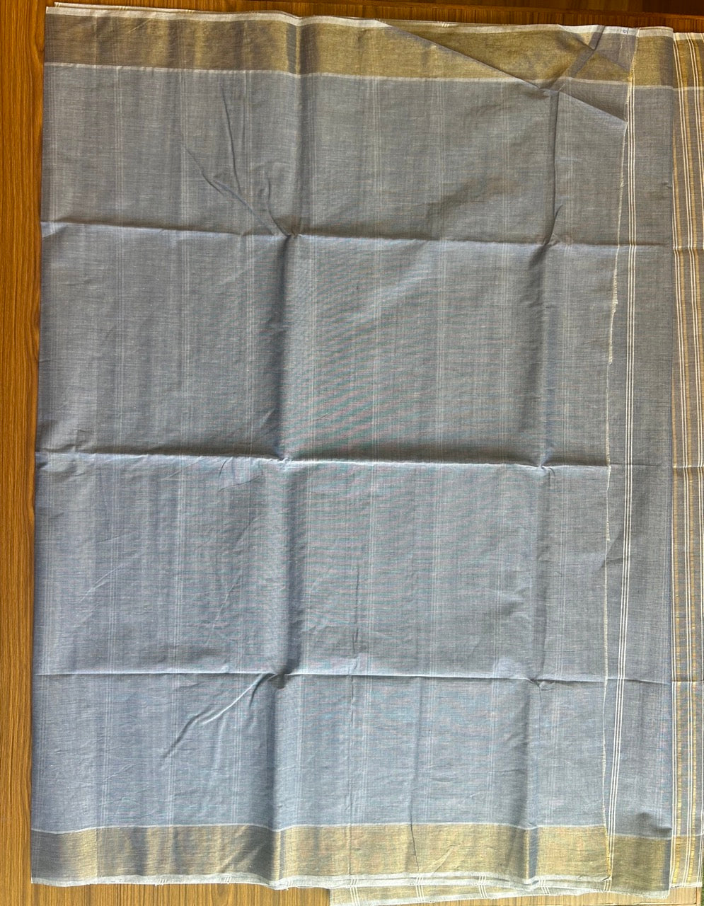 28% Discount! Kerala Colour Cotton Saree - Blue with kasavu & white stripes - Kaitharikada - 4KK1000PAN