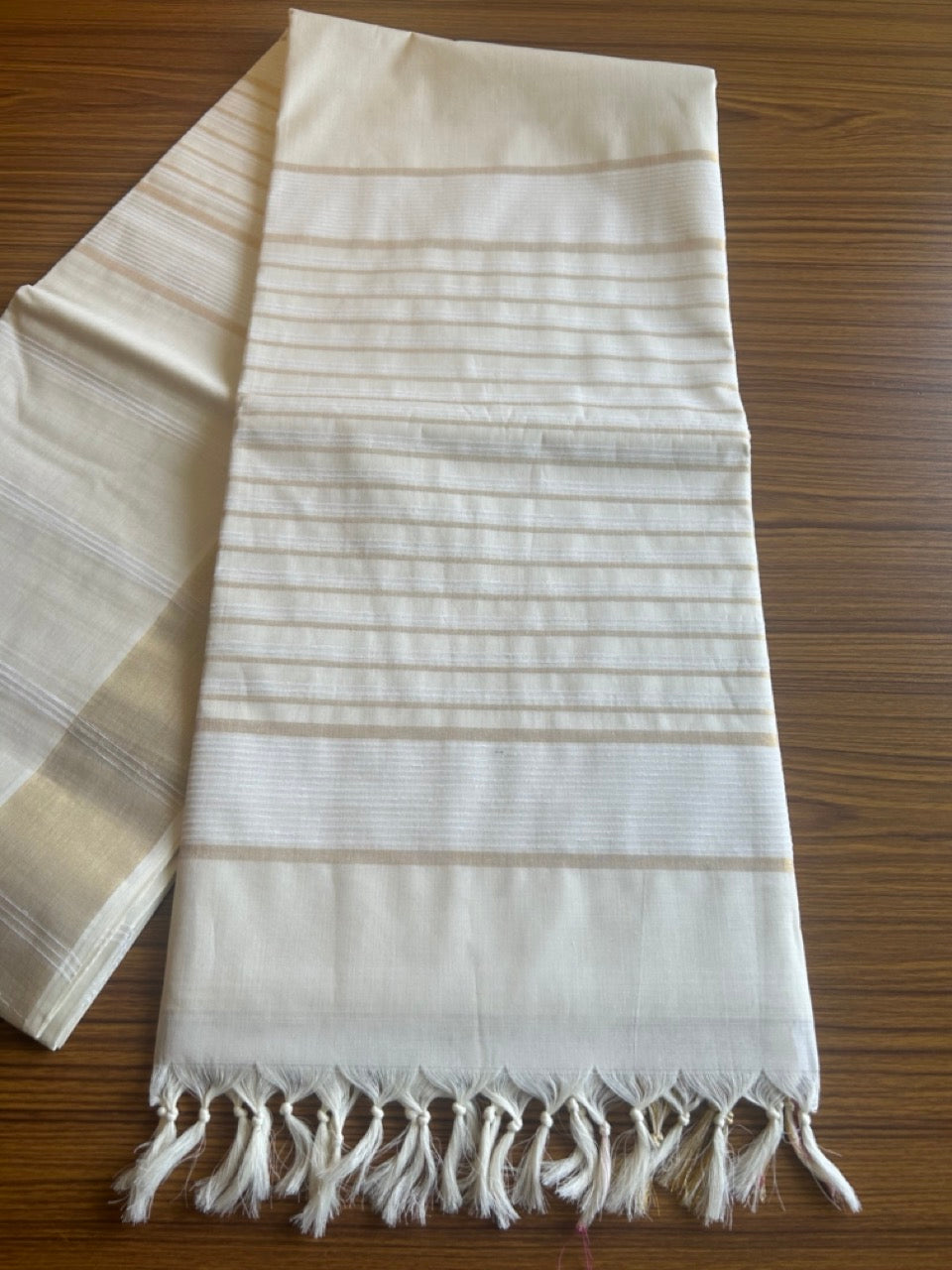 28% Discount! Kerala Colour Cotton Saree - Cream with kasavu & white stripes - Kaitharikada - 5KK1000PAN