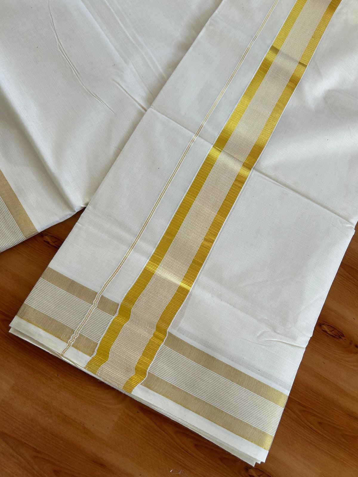 Double Off White (Unbleached) Mundu/Dhoti - 20% Discount! KaithariKada Pulimood Mixed Cotton - 80x72 - 1.75 inch Gold Kasav Striped Kara 4 mtr (8.5 muzham) - 27 KK5552 VIN