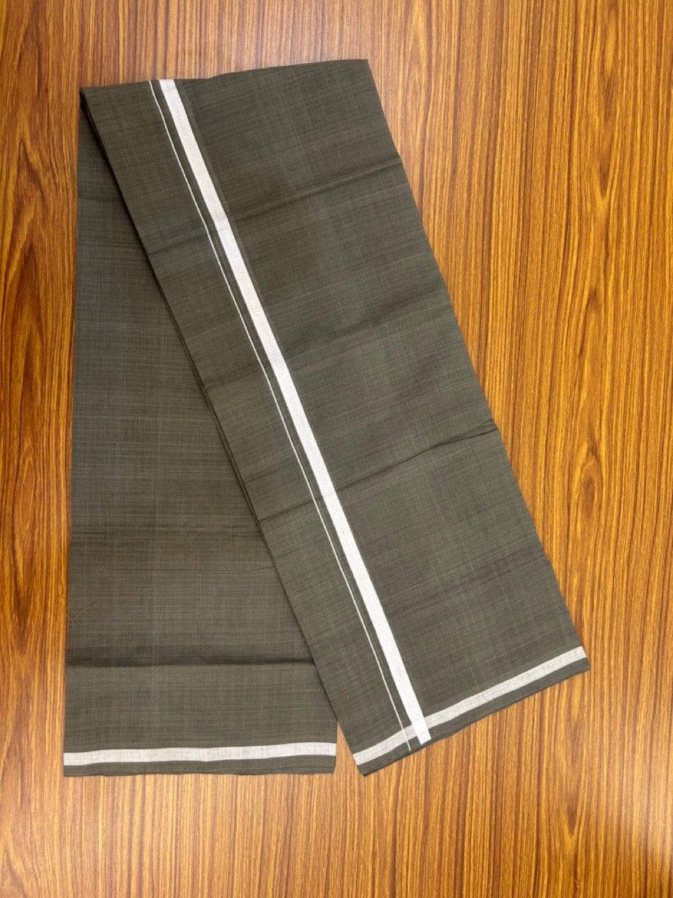 Handloom Single Hallmarked - 10% Discount !! KaithariKada 100% Pure Cotton - Mundu/Dhoti Sage Green Body - 0.5 inch White Kara- (2 meter / 4 muzham) - 7 KK8038 ELA