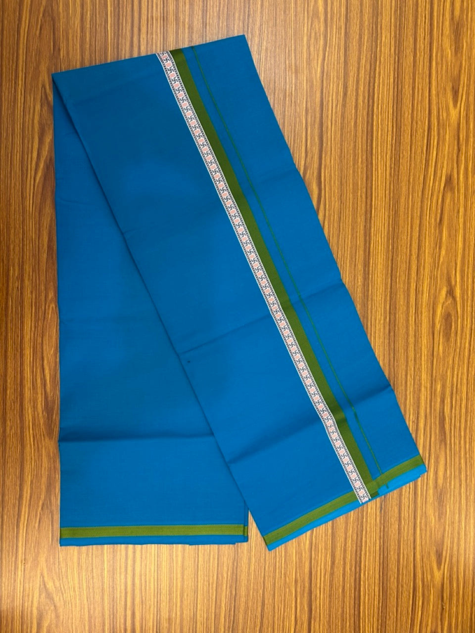 39% Discount! Kaitharikada - Pure Cotton - Single Kaily / Lungi - 1 inch Sage Green & Multi colour Pattern Printed kara with Sapphire Blue colour body (2 meter / 4 muzham) - 11 KK8038 GAN