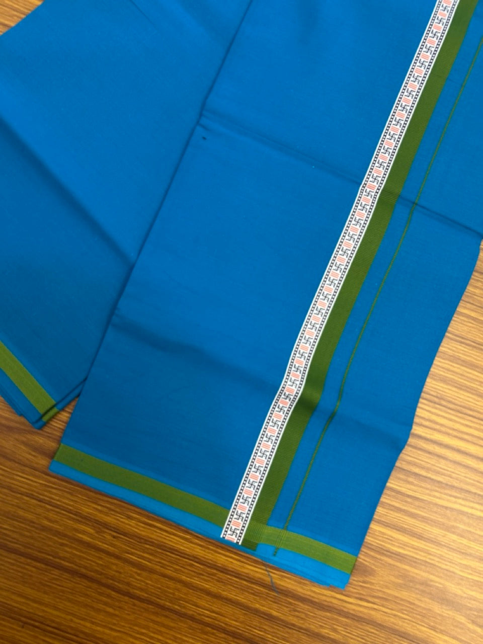 39% Discount! Kaitharikada - Pure Cotton - Single Kaily / Lungi - 1 inch Sage Green & Multi colour Pattern Printed kara with Sapphire Blue colour body (2 meter / 4 muzham) - 11 KK8038 GAN