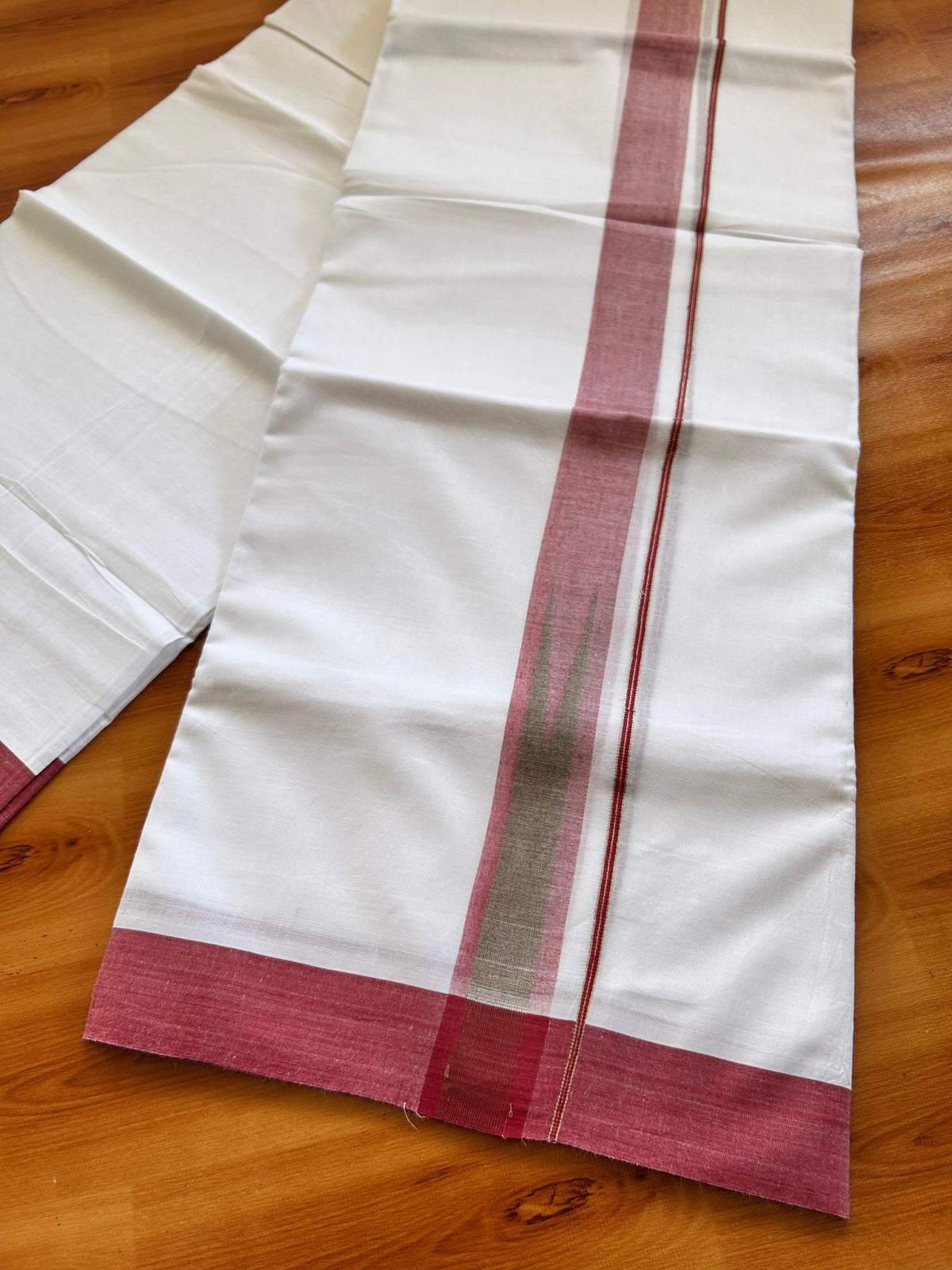 Double Pure White Mundu/Dhoti - 20% Discount !! KaithariKada Balaramapuram 100% Cotton - 100x80 - 1.25 inch Maroon & Olive Green Silver Kasav Chutty Kara 3.80 mtr (8 muzham) - 15 KK5499 CKS