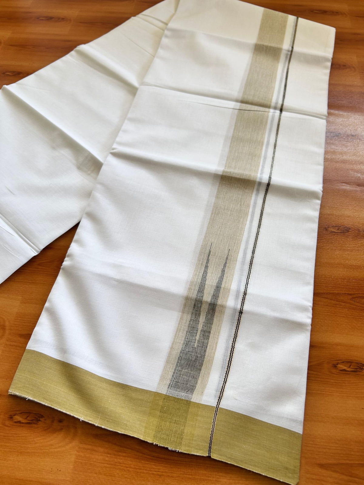 Double Pure White Mundu/Dhoti - 20% Discount !! KaithariKada Balaramapuram 100% Cotton - 100x80 - 1.5 inch Mustard & Black Silver Chutty Kara 3.80 mtr (8 muzham) - 2 KK5501 VAS