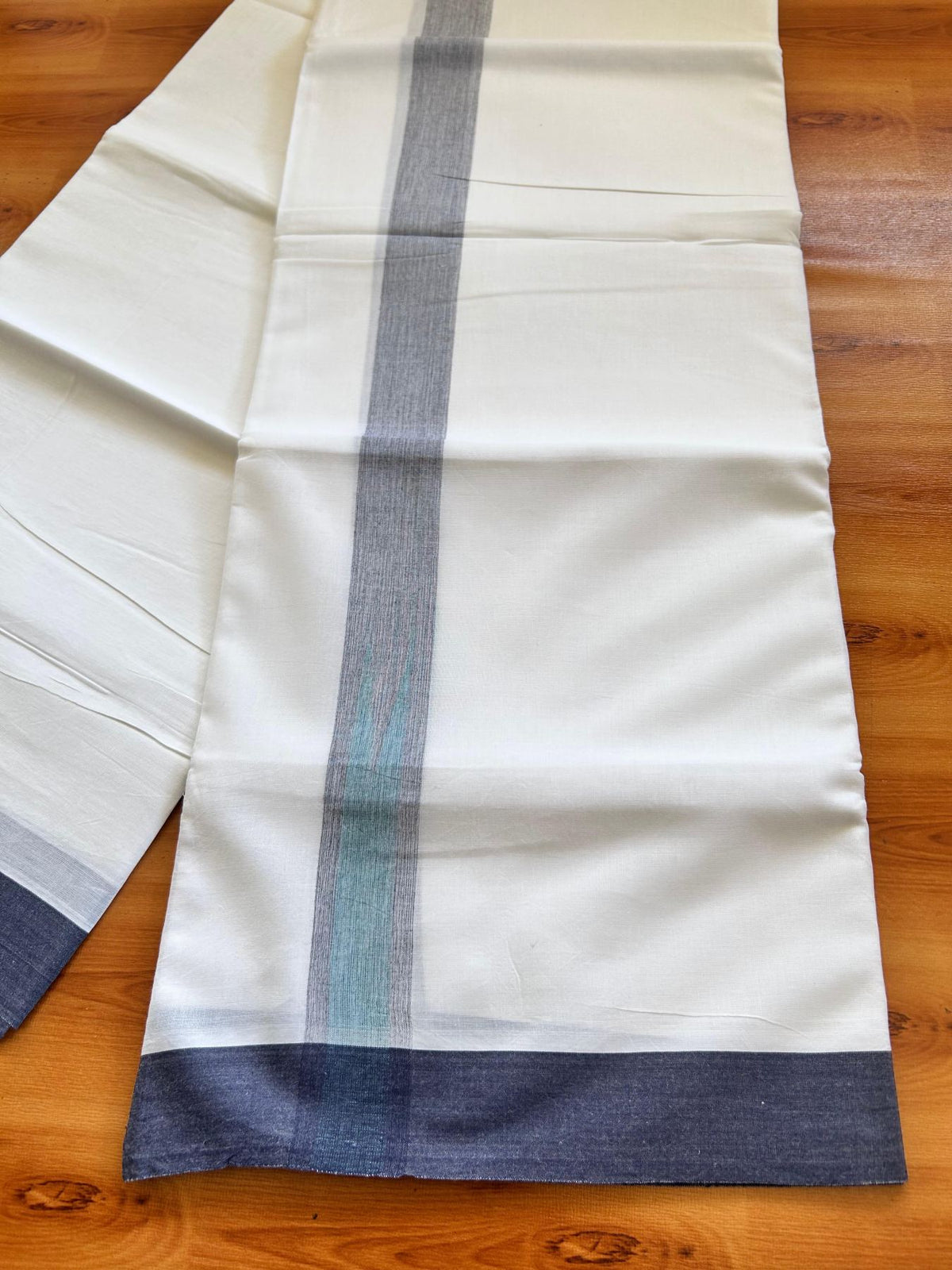 Double Pure White Mundu/Dhoti - 20% Discount !! KaithariKada Balaramapuram 100% Cotton - 100x80 - 1.25 inch Navy Blue & Blue Green Shaded Chutty Kara 3.80 mtr (8 muzham) - 20 KK5499 CKS