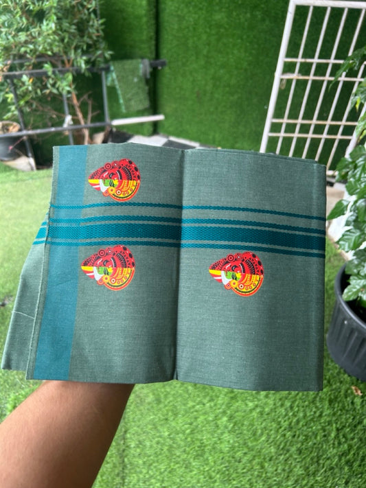 22% Discount! Kaitharikada - Pure Cotton - Single Kaily / Lungi - (40s) - 1.25 inch Dark Green striped Theyyam Kadhakali Printed Design kara with Green shaded colour body  (2 meter / 4 muzham) - 12 KK8038 GAN