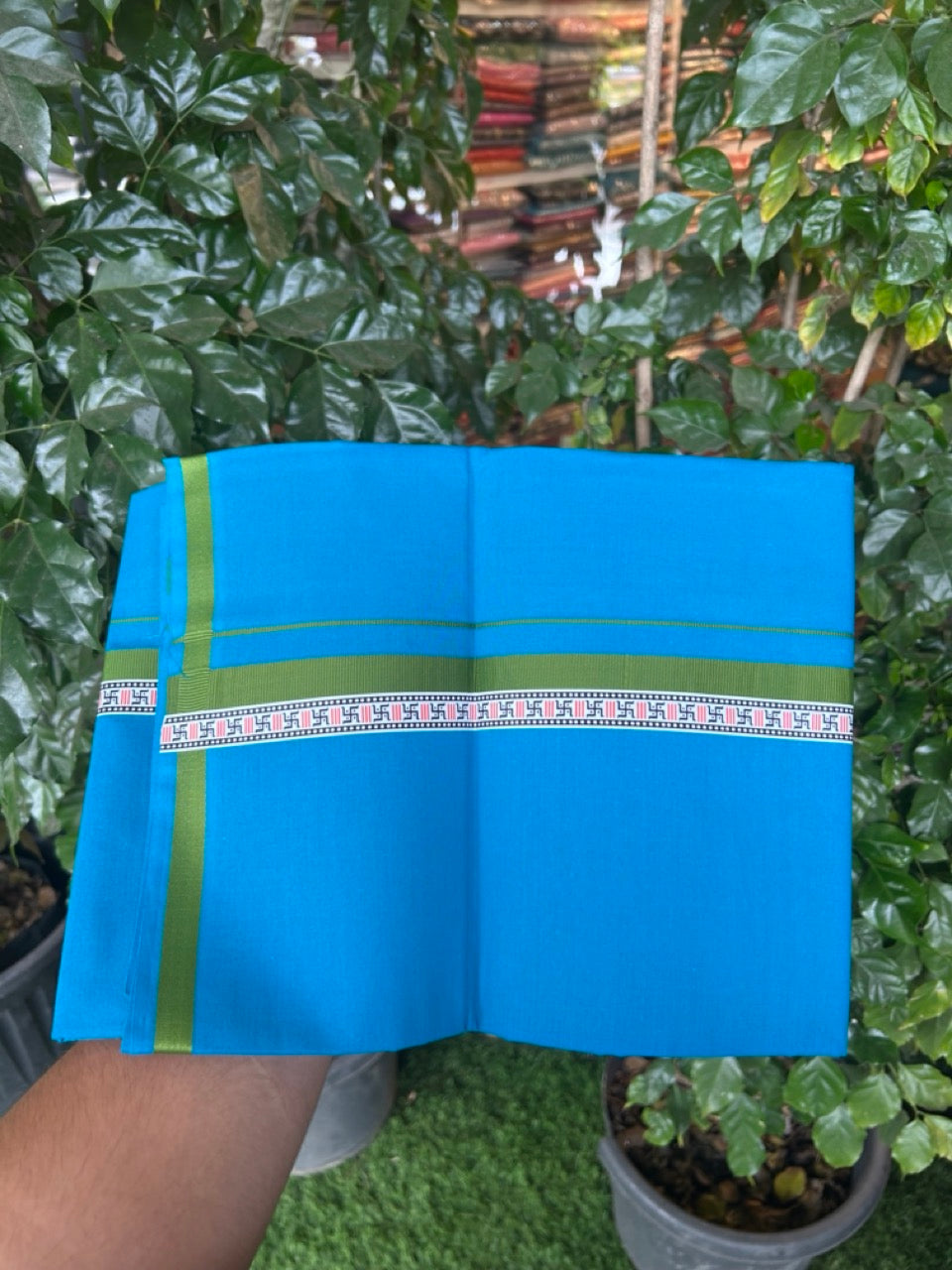 39% Discount! Kaitharikada - Pure Cotton - Single Kaily / Lungi - 1 inch Sage Green & Multi colour Pattern Printed kara with Sapphire Blue colour body (2 meter / 4 muzham) - 11 KK8038 GAN