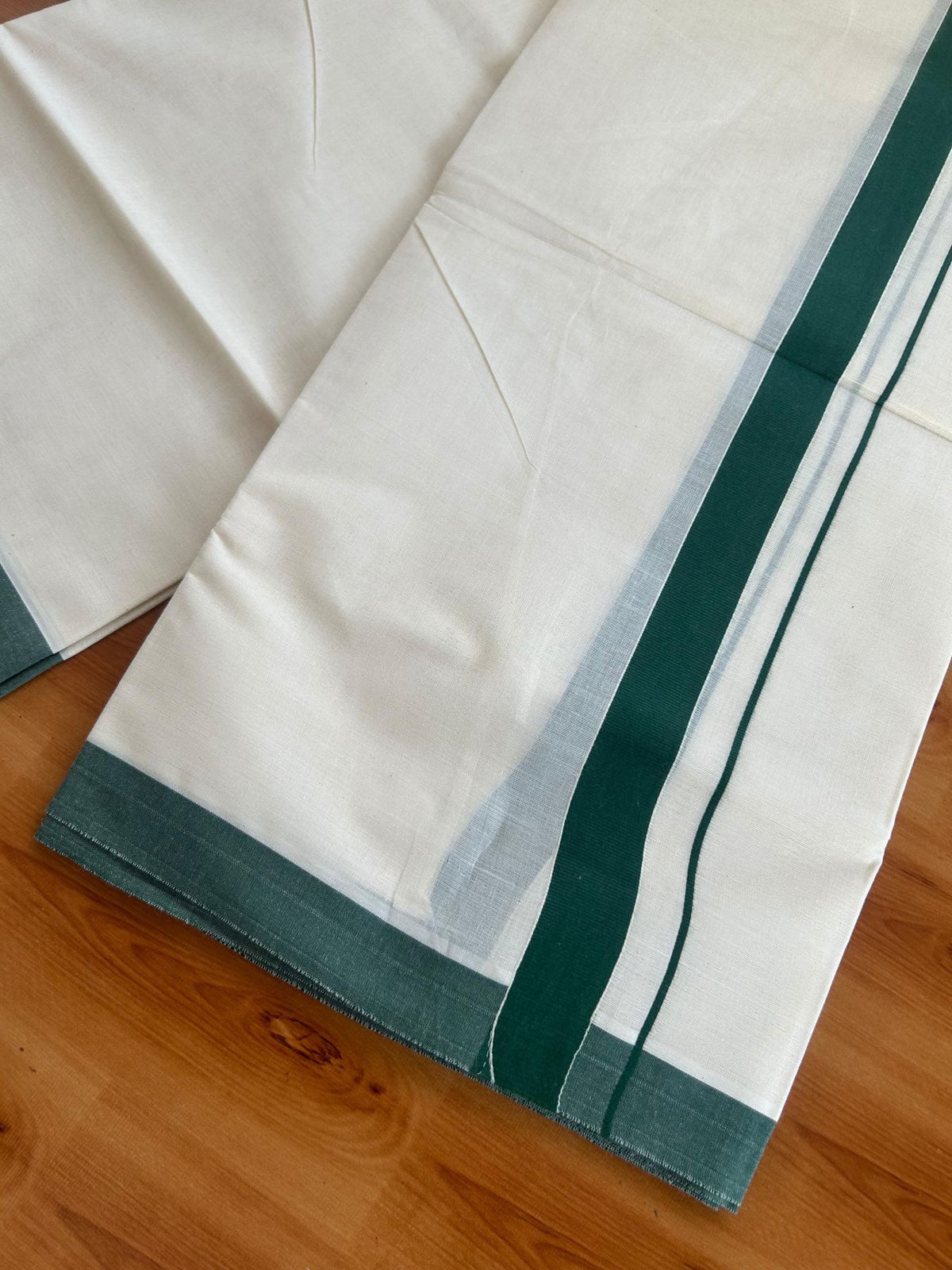 Double Off White (Unbleached) Mundu/Dhoti - 20% Discount!! KaithariKada Pulimood 100% Cotton 80x72 - 1 inch Dark Green Colour Kara - 4 mtr (8.5 muzham) - 6 KK5553 STH