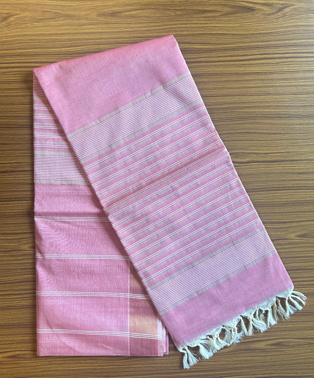 28% Discount! Kerala Colour Cotton Saree - Pinkish Red with kasavu & white stripes - Kaitharikada - 6KK1000PAN