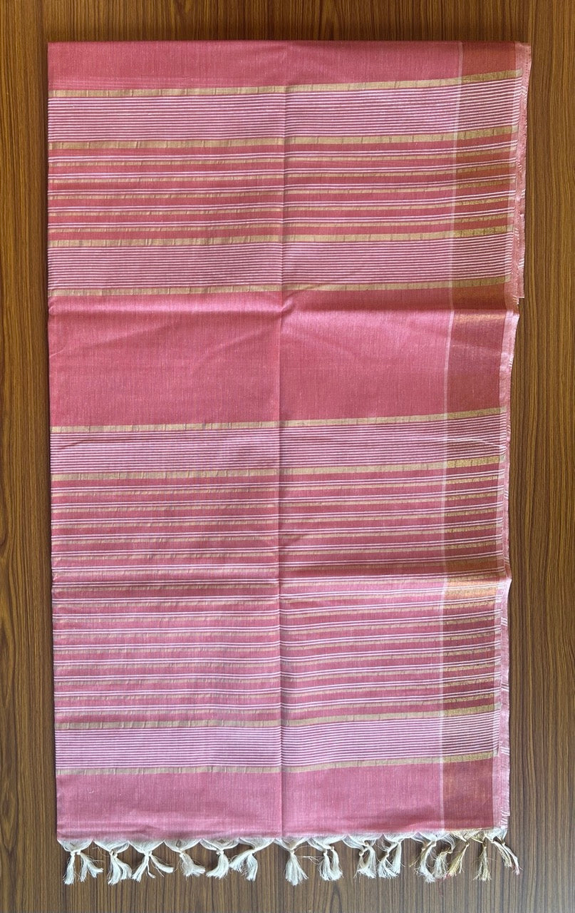 28% Discount! Kerala Colour Cotton Saree - Pinkish Red with kasavu & white stripes - Kaitharikada - 6KK1000PAN