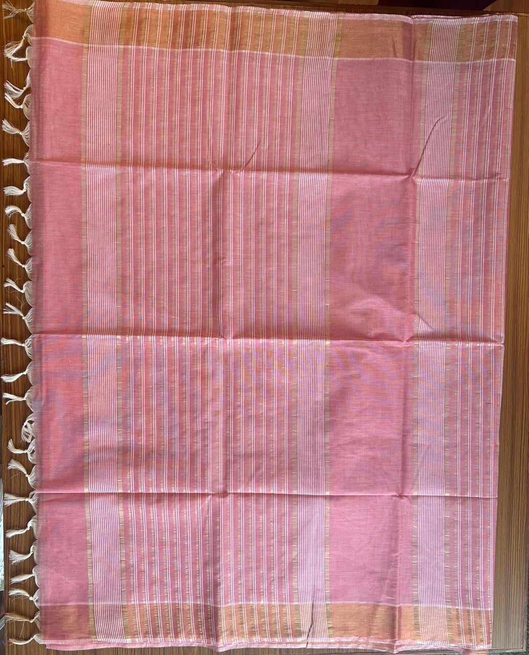 28% Discount! Kerala Colour Cotton Saree - Pinkish Red with kasavu & white stripes - Kaitharikada - 6KK1000PAN