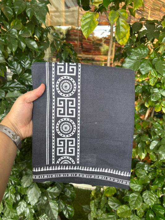 Kaitharikada - Polyster + Cotton - 20s twisted - Single Kaily / Lungi - 2.5 inch White P rinted Kuppadam Border with Ash Blue colour body (2 meter / 4 muzham) -  5 KK8038 GAN