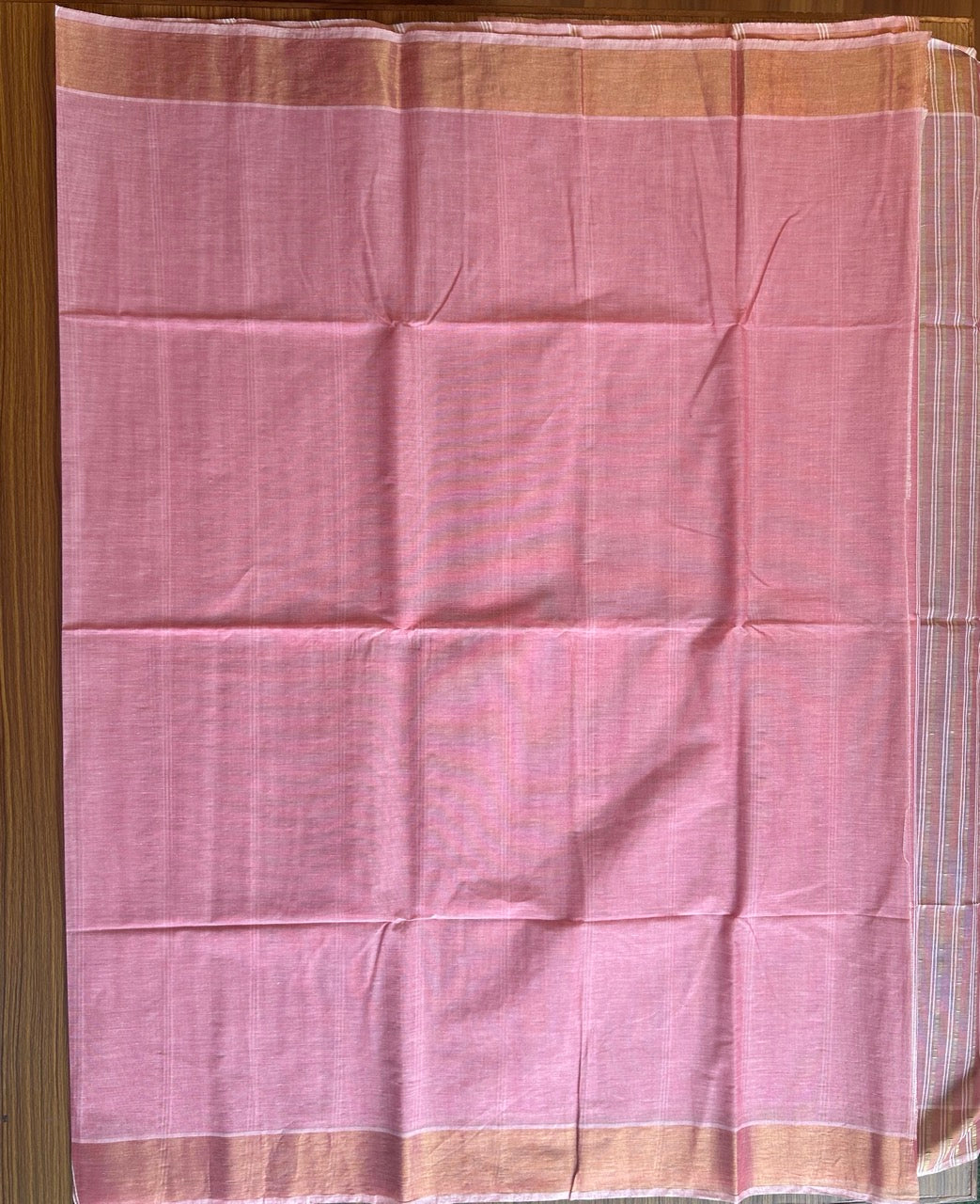 28% Discount! Kerala Colour Cotton Saree - Pinkish Red with kasavu & white stripes - Kaitharikada - 6KK1000PAN