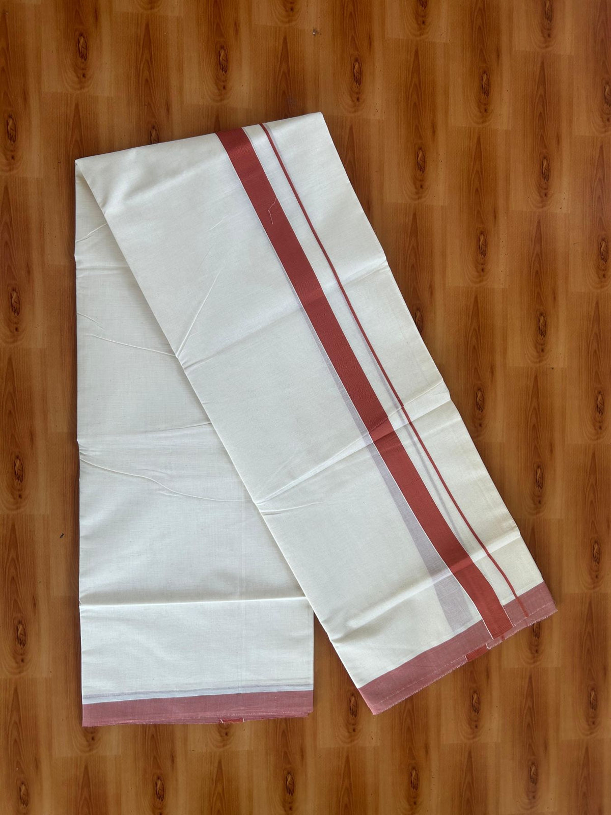 Double Off White (Unbleached) Mundu/Dhoti - 20% Discount! KaithariKada Pulimood 100% Cotton 80x72 - 1 inch Burnt Orange Colour Kara - 4 mtr (8.5 muzham) - 8 KK5553 STH