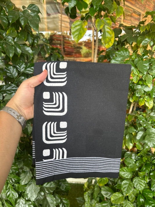 Kaitharikada - Polyster + Cotton - 20s twisted - Single Kaily / Lungi - 2.25 inch White Printed Kuppadam Border with Black colour body (2 meter / 4 muzham) -  3 KK8038 GAN