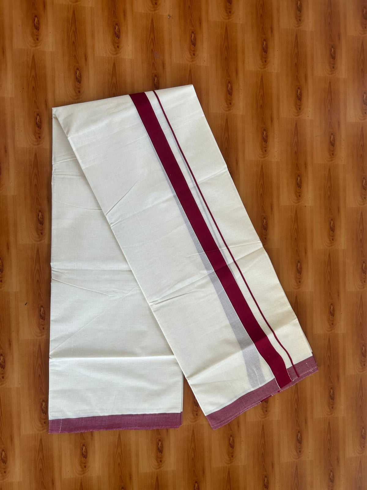Double Off White (Unbleached) Mundu/Dhoti - 20% Discount ! KaithariKada Pulimood 100% Cotton 80x72 - 1 inch Maroon Colour Kara - 4 mtr (8.5 muzham) - 10 KK5553 STH