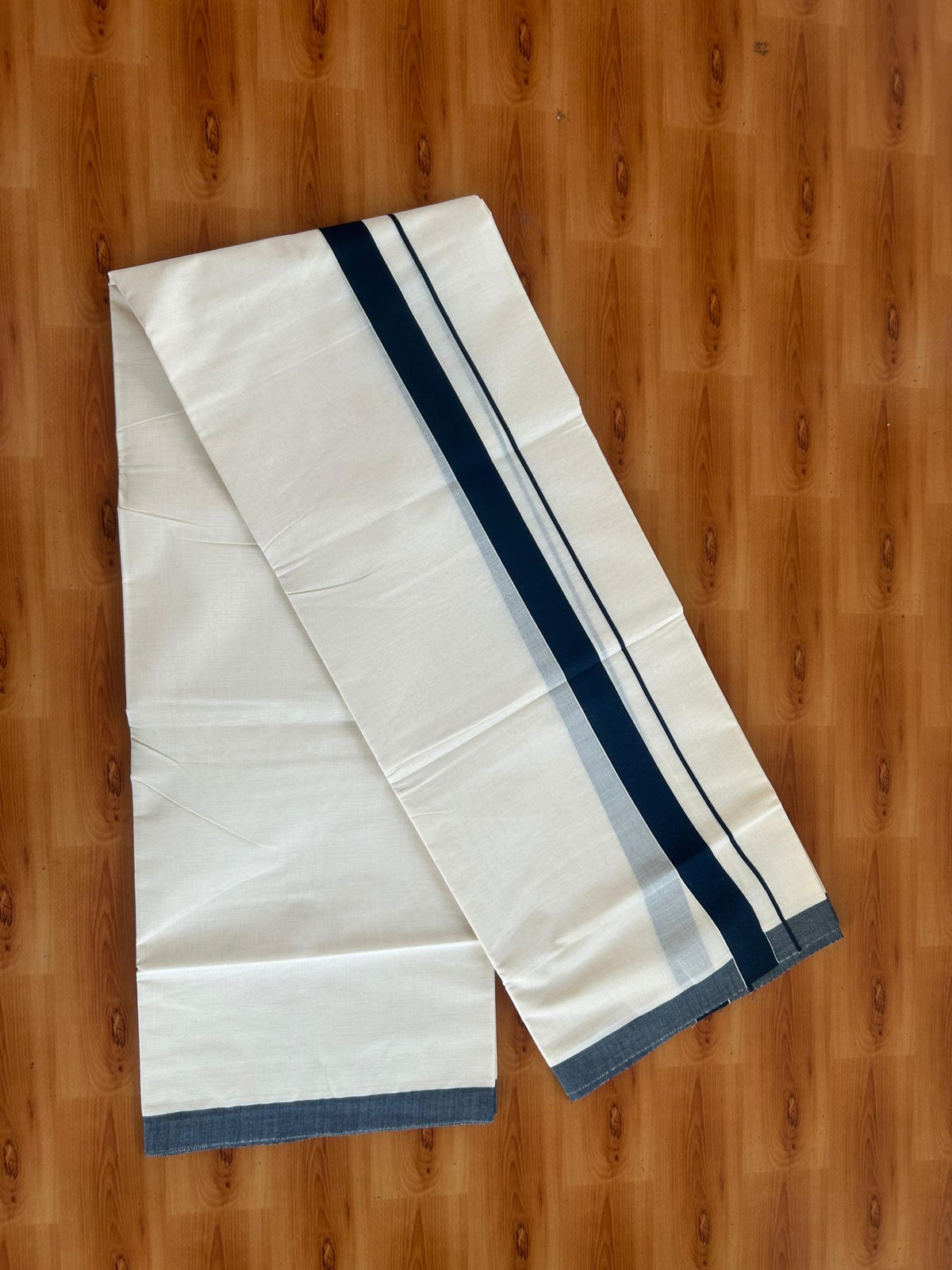 Double Off White (Unbleached) Mundu/Dhoti - 20% Discount! KaithariKada Pulimood 100% Cotton 80x72 - 1 inch Dark Peacock Blue Colour Kara - 4 mtr (8.5 muzham) - 9 KK5553 STH