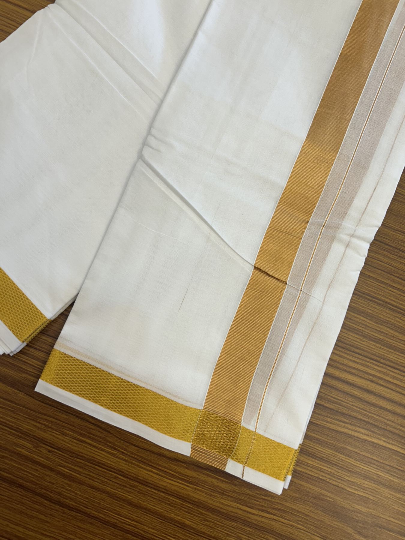 Panchakacham Dhoti - 20% Discount! Kaitharikada Balaramapuram Mixed Cotton Pure White - 80X90 thread - North Iindian Attached Gamcha - 9X5 Dhoti - 1.5 inch Gold Kasav border - 64 KK8305 PMC
