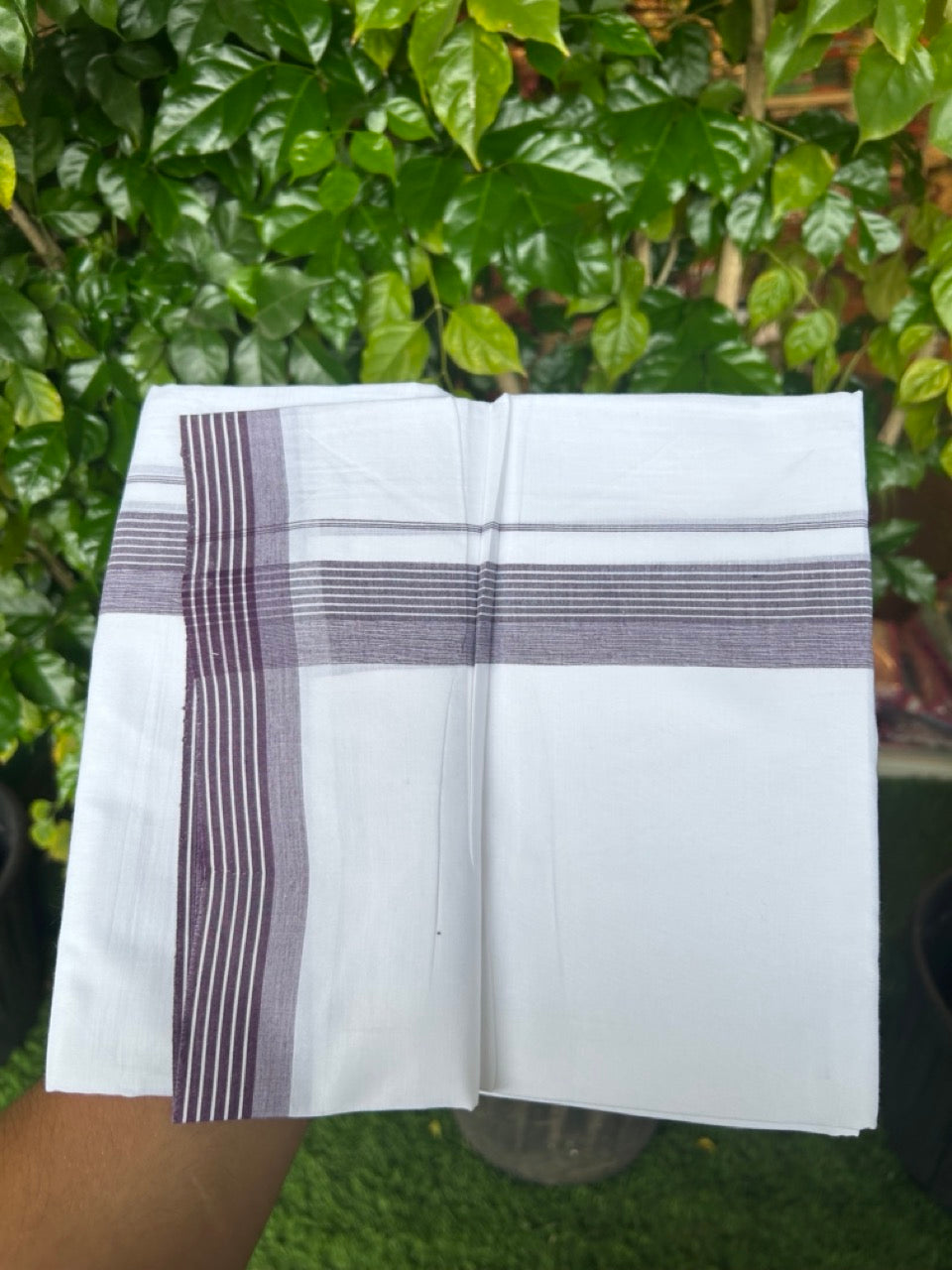 20% Discount ! Kaitharikada Balaramapuram 100% Cotton PURE WHITE Double Mundu/Dothi - 100x80 - 1.25 inch Wine Stripes Shaded Kara 3.75 mtr (8 muzham) - 52KK5220 THI