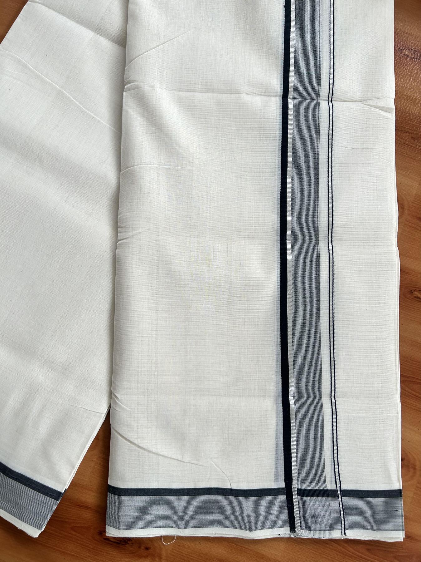 Double Off White (Unbleached) Mundu/Dhoti - 25% Discount! KaithariKada Handloom Unakkupaav Kerala Handloom - Pure Cotton - 80x90 - 1.25 Inch Silver Kasav & Black Striped Kara 4 Mtr (8.5 Muzham) - 8 KK5438 YAR