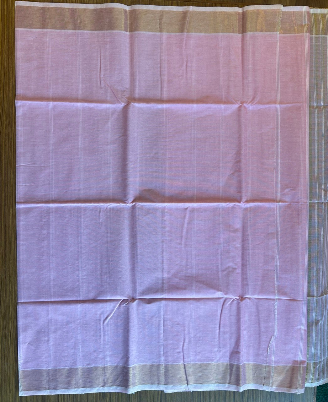 28% Discount! Kerala Colour Cotton Saree - Pink with kasavu & white stripes - Kaitharikada - 8KK1000PAN