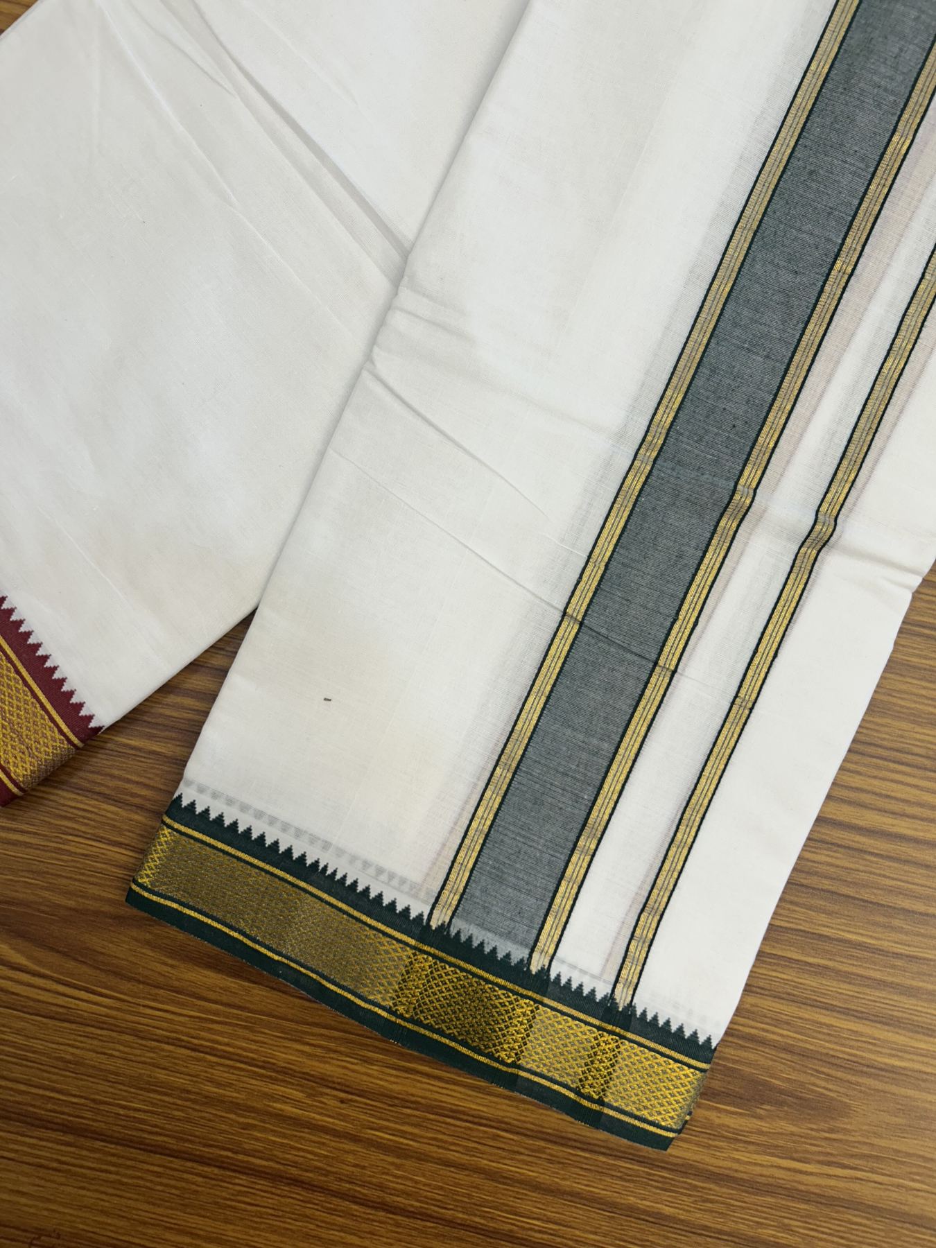 Panchakacham Dhoti - 20% Discount! KaithariKada Mixed Cotton Pure White - 80X90 thread - North Indian - Attached Gamcha - 9X5 Dhoti - 2 inch Dark Green & Maroon Gold Kasav kara - 69 KK8305 PMC