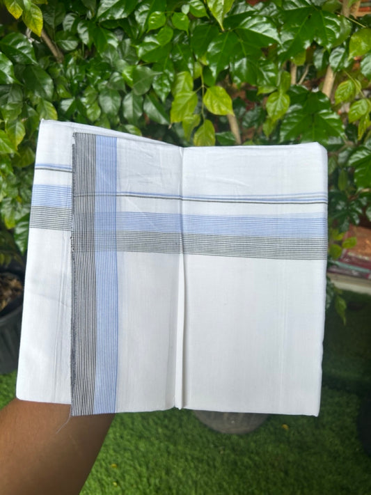 20% Discount ! Kaitharikada Balaramapuram 100% Cotton PURE WHITE Double Mundu/Dothi - 100x80 - 1.75 inch Light Blue & Black Stripes Kara 3.90 mtr (8 muzham) - 61KK5220 THI