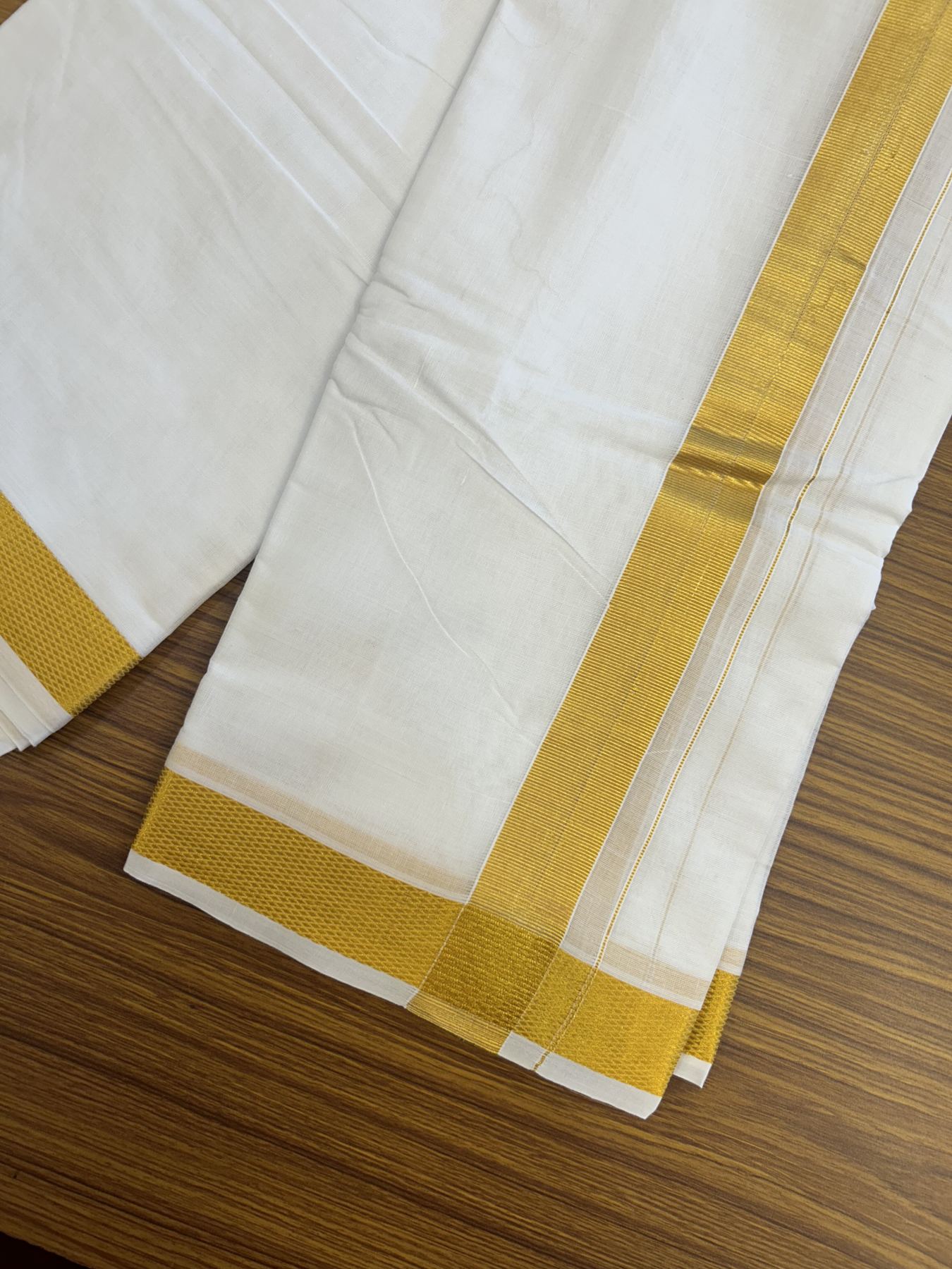 Panchakacham Dhoti - 20% Discount! Kaitharikada Balaramapuram Mixed Cotton Pure White - 80X90 thread - North Iindian Attached Gamcha - 9X5 Dhoti - 2 inch Gold Kasav border - 65 KK8305 PMC