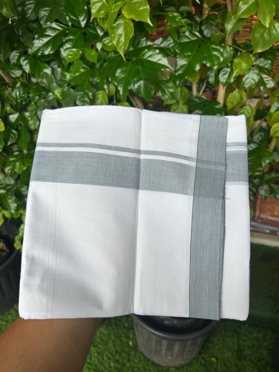 20% Discount ! Kaitharikada Balaramapuram 100% Cotton PURE WHITE Double Mundu/Dothi - 100x80 - 1.25 inch Green Stripes Kara 3.90 mtr (8 muzham) - 57KK5220 THI
