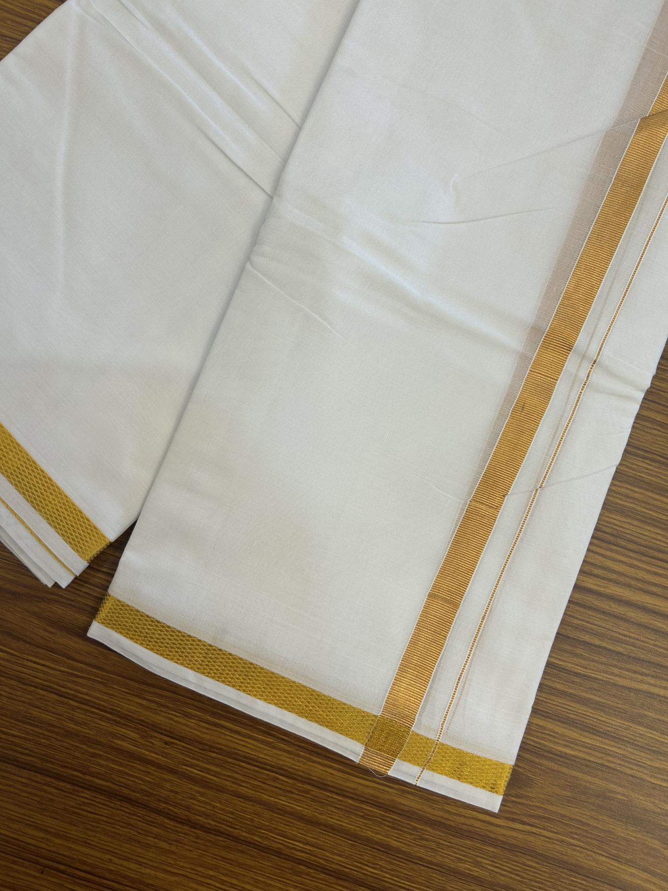 Panchakacham Dhoti - 20% Discount! Kaitharikada Balaramapuram Mixed Cotton Pure White - 80X90 thread - North Iindian Attached Gamcha - 9X5 Dhoti - 1.25 inch Gold Kasav border - 63 KK8305 PMC