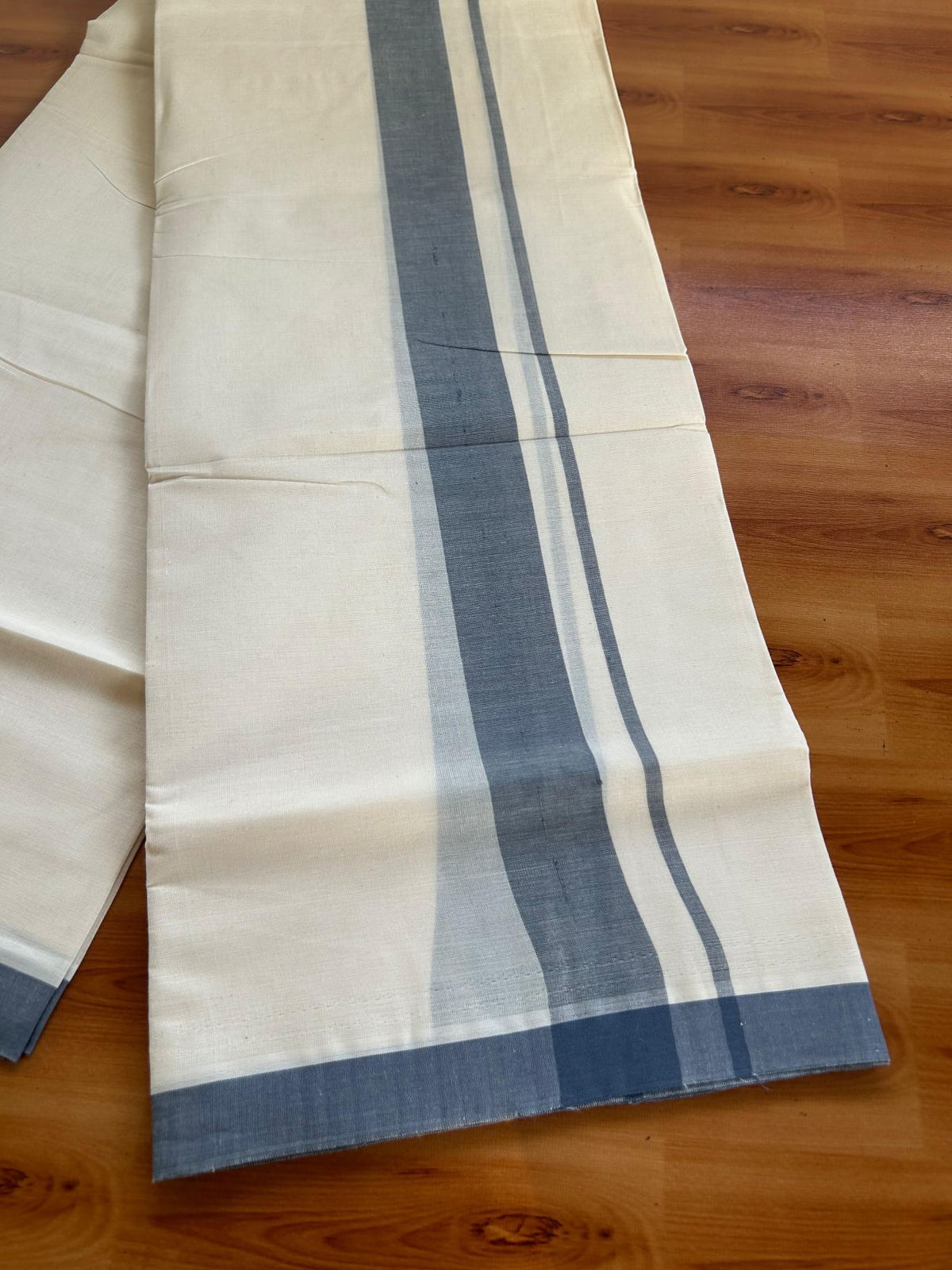 Double Off White (Unbleached) Mundu/Dhoti - 20% Discount! KaithariKada Pulimood 100% Cotton 80x72 - 1.5 inch Ash Grey Shaded Kara - 4 mtr (8.5 muzham) - 12 KK5553 STH
