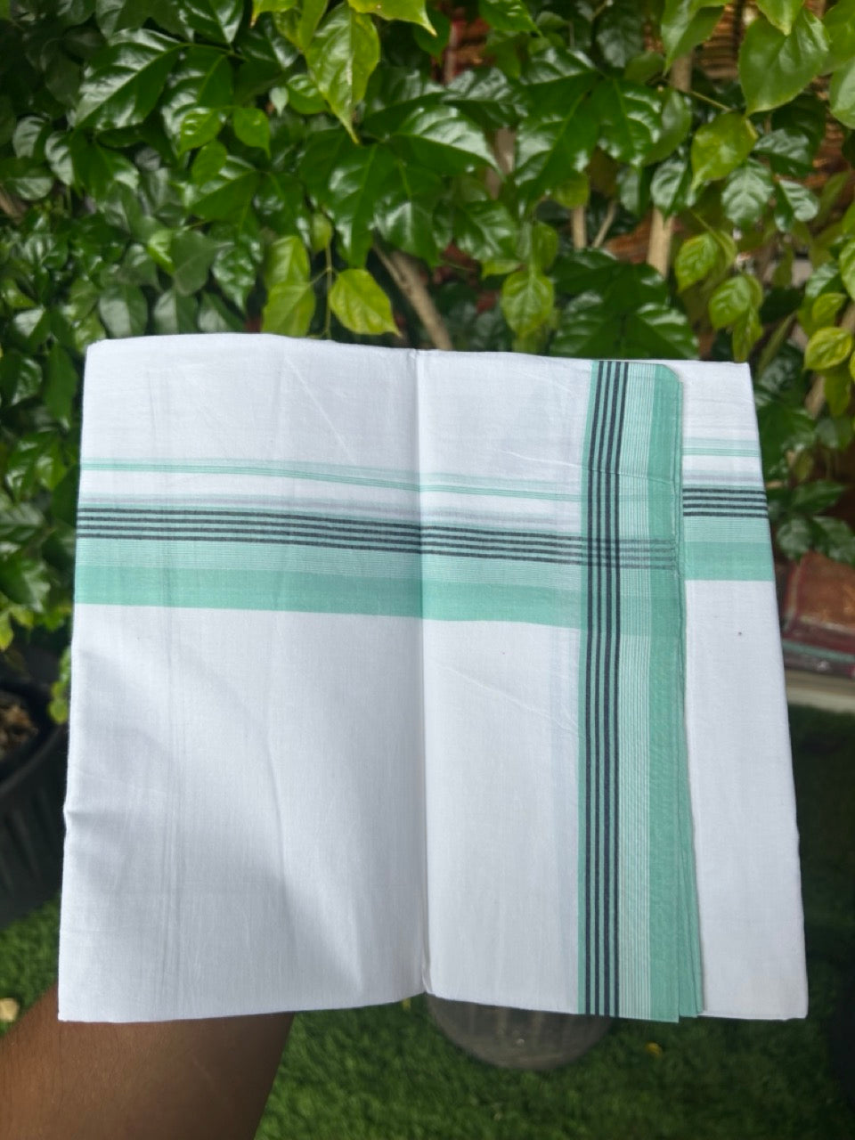 20% Discount ! Kaitharikada Balaramapuram 100% Cotton PURE WHITE Double Mundu/Dothi - 100x80 - 1.5 inch Turquoise Green & Black Striped Kara 3.75 mtr (8 muzham) - 48KK5220 THI