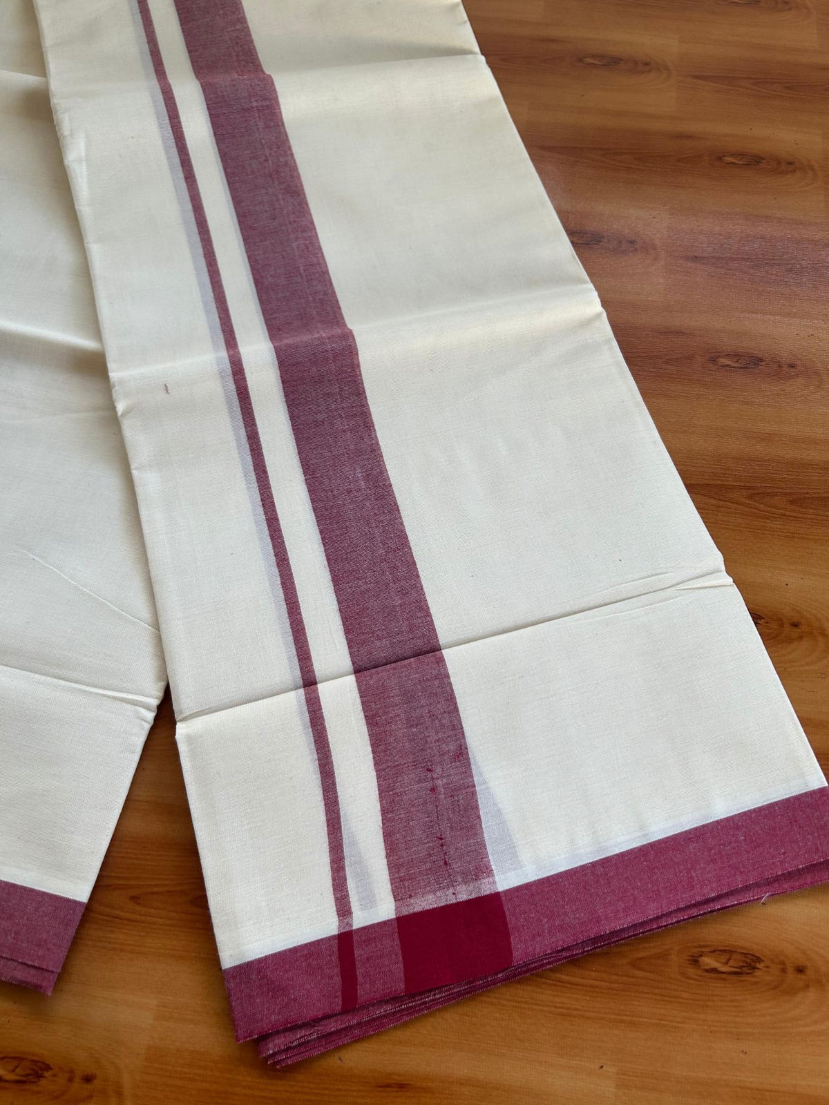 Double Off White (Unbleached) Mundu/Dhoti - 20% Discount! KaithariKada Pulimood 100% Cotton 80x72 - 1.5 inch Maroon Red Shaded Kara - 4 mtr (8.5 muzham) - 14 KK5553 STH