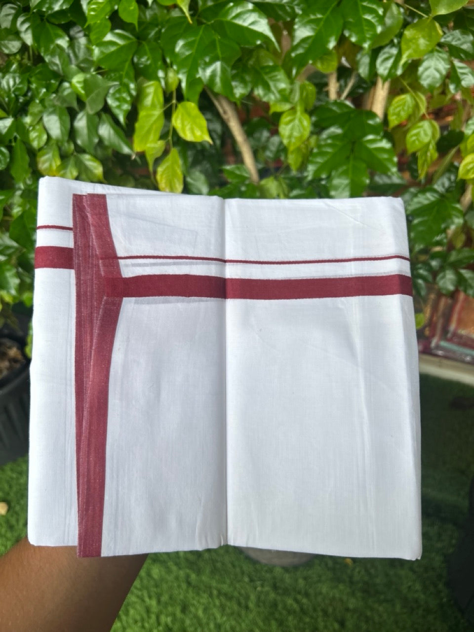 20% Discount ! Kaitharikada Balaramapuram 100% Cotton PURE WHITE Double Mundu/Dothi - 100x80 - 0.5 inch Maroon Kara 3.70 mtr (8 muzham) - 73KK5220 THI