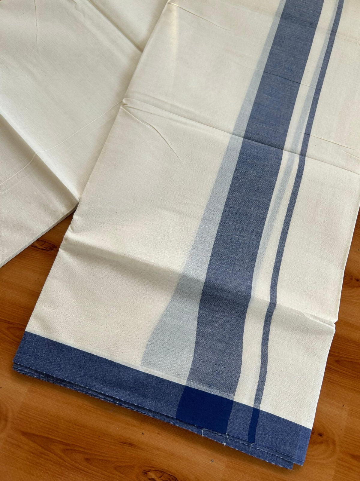 Double Off White (Unbleached) Mundu/Dhoti - 20% Discount! KaithariKada Pulimood 100% Cotton 80x72 - 1.5 inch Dark Blue Shaded Kara - 4 mtr (8.5 muzham) - 15 KK5553 STH