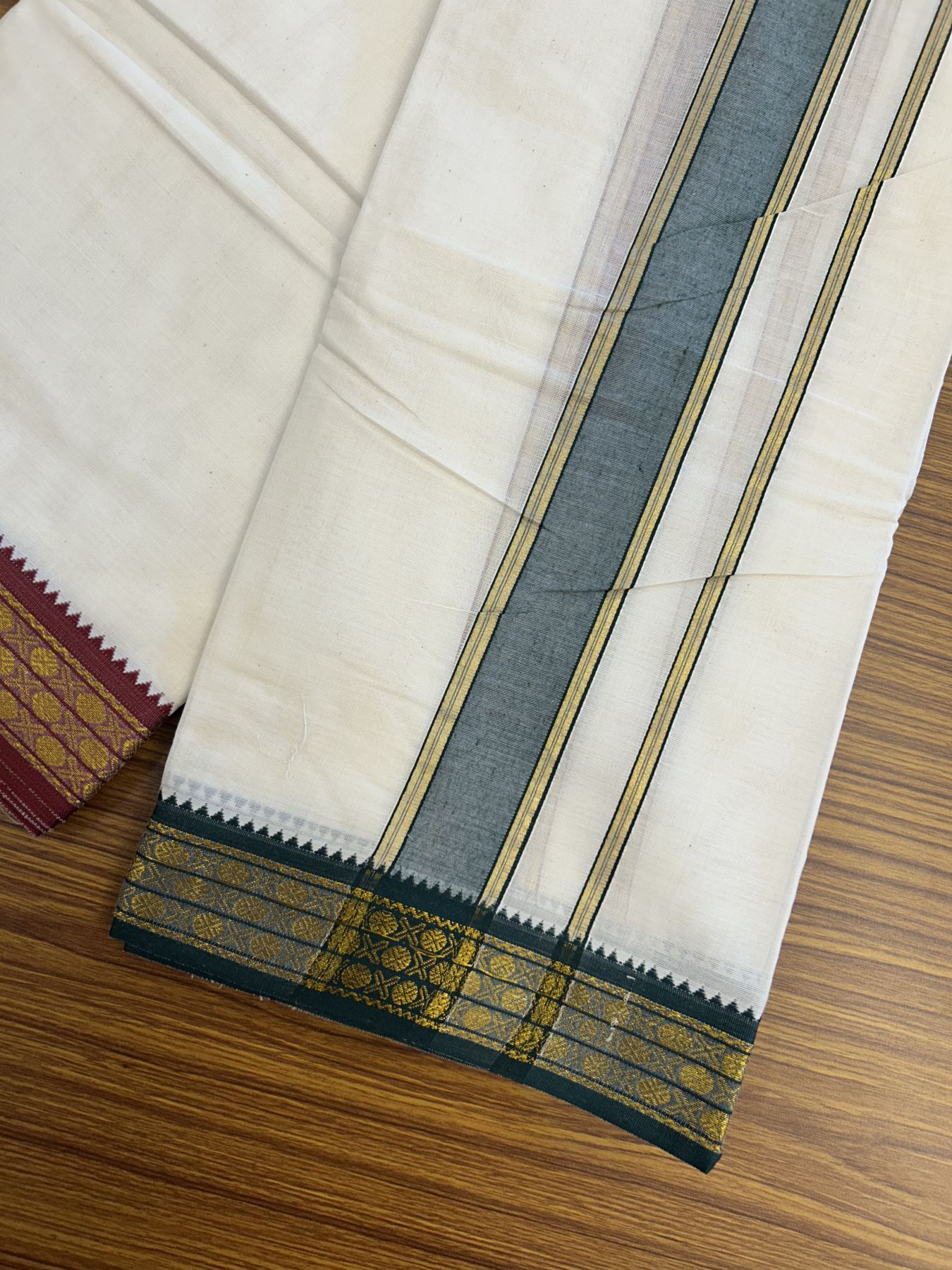 Panchakacham Dhoti - 20% Discount! Kaitharikada Balaramapuram Cotton Mix - Off White - (Unbleached) 80X90 thread - North Iindian- Attached Gamcha - 9x5 Dhoti - 2 inch Gold kasav Dark Green shaded kara - 29 KK8305 PMC