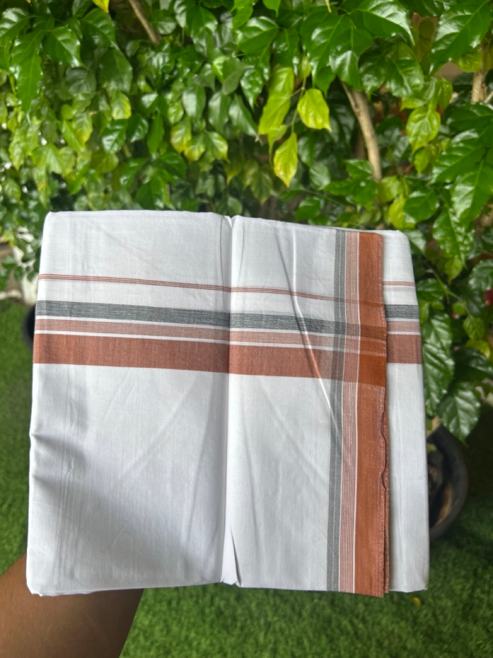 20% Discount ! Kaitharikada Balaramapuram 100% Cotton PURE WHITE Double Mundu/Dothi - 100x80 - 1.5 inch Light Rust Brown & Black Shaded Striped Kara 3.75 mtr (8 muzham) - 81KK5220 THI