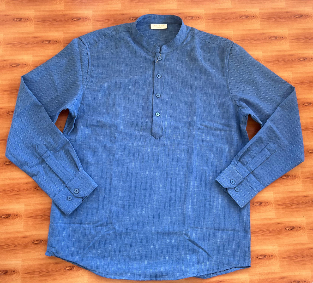 Short Kurtha Mixed cotton - Full Sleeve - KaithariKada - Blue Striped Design Body - 3 KK9000 DTF
