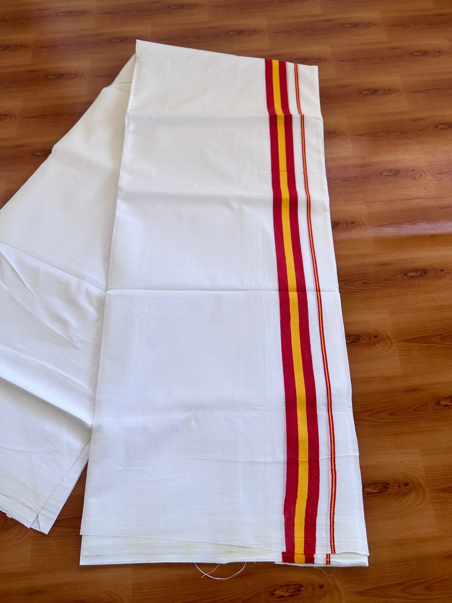 Tvk Veshti Double Pure White - 20% Discount ! KaithariKada 100% Cotton Mundu / Dhoti - 80x90 - 1 inch Maroon & Yellow kara 3.75 - 3.70 mtr (8 muzham) - 1 KK5500 PMC