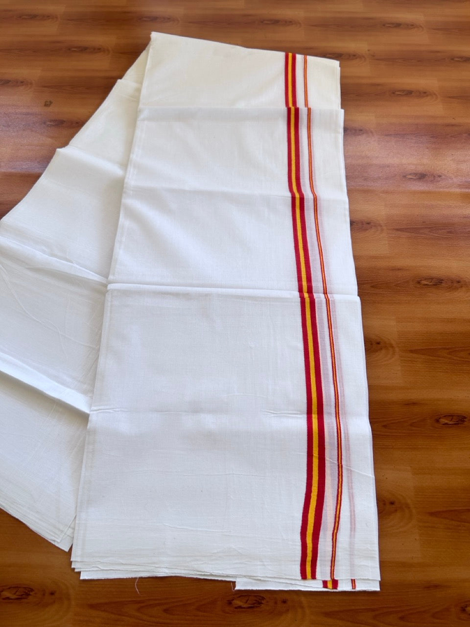 Tvk Veshti Double Pure White - 20% Discount ! KaithariKada 100% Cotton Mundu / Dhoti - 80x90 - 0.5 inch Maroon & Yellow kara 3.75 - 3.70 mtr (8 muzham) - 2 KK5500 PMC